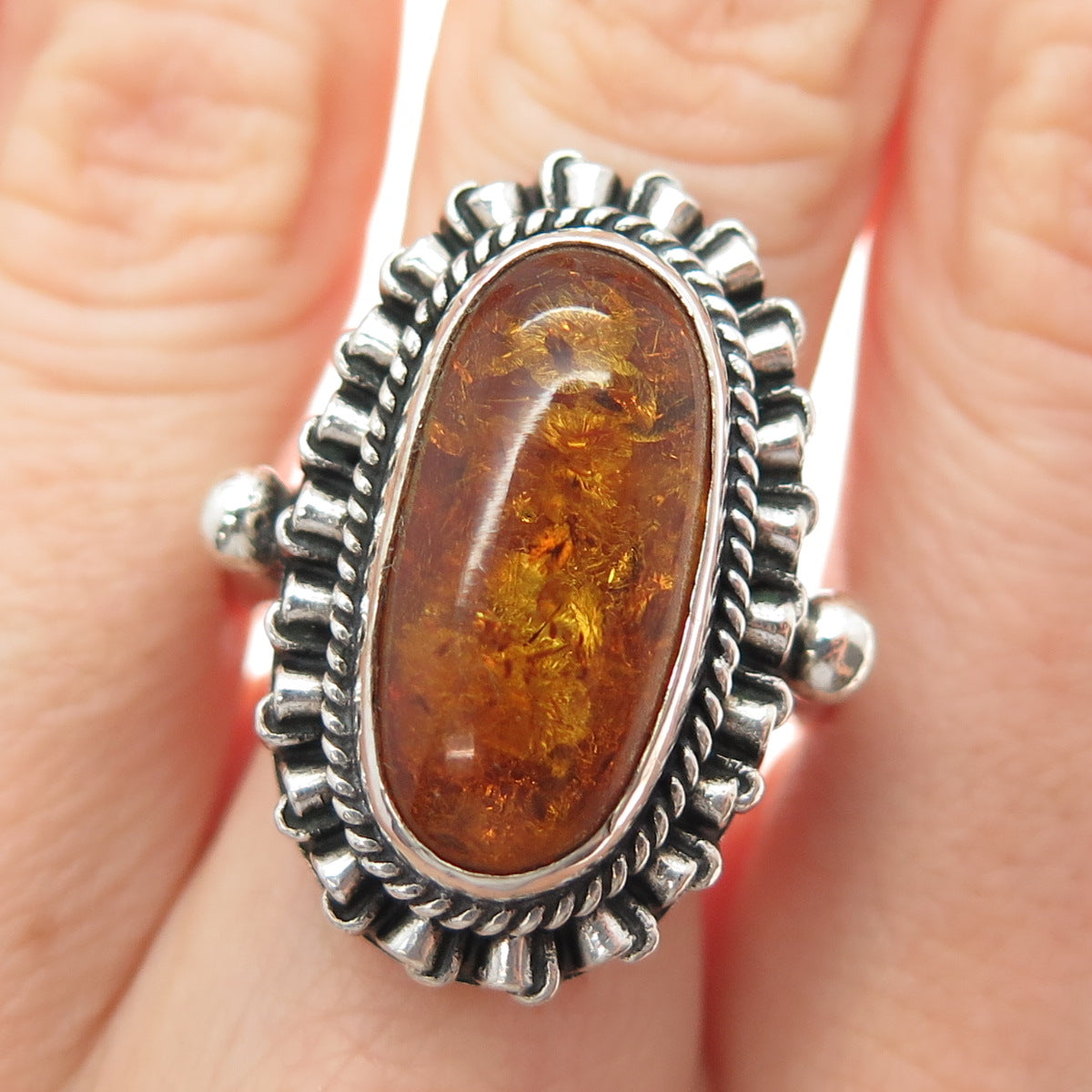 925 Sterling Silver Vintage Real Amber Modernist Oxidized Ring Size 9.5