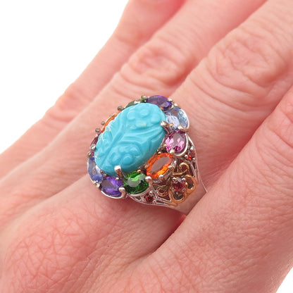 Chuck Clemency 925 Sterling Silver Real Turquoise & Multi-Gem Ring Size 8.25