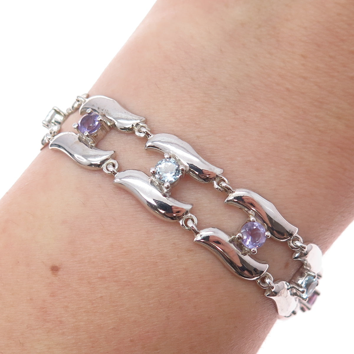 925 Sterling Silver Vintage Real Amethyst & Blue Topaz Modernist Bracelet 7.25"