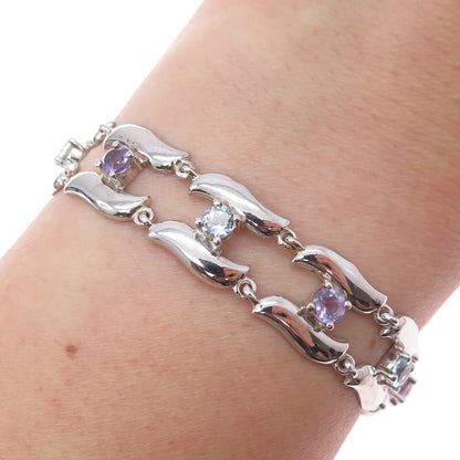 925 Sterling Silver Vintage Real Amethyst & Blue Topaz Modernist Bracelet 7.25"