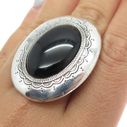 LUCE Old Pawn Sterling Silver Vintage Real Black Onyx Statement Ring Size 8.25