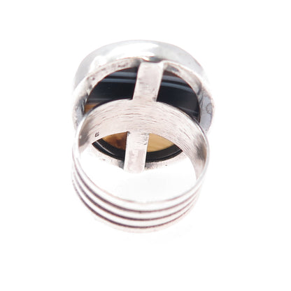 925 Sterling Silver Vintage Real Cabochon Agate Modernist Ring Size 5.75