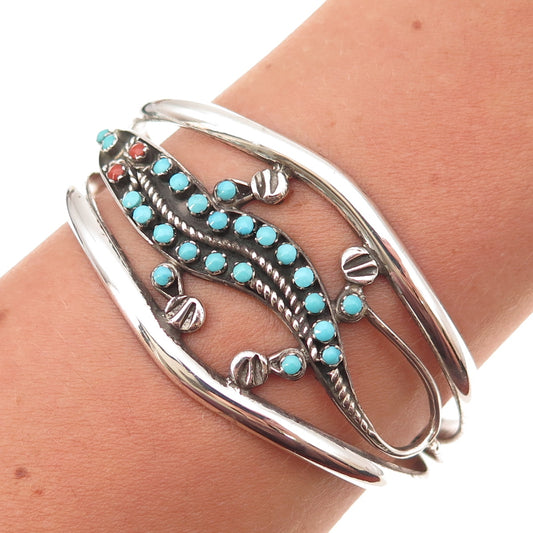 Old Pawn 925 Sterling Vintage Turquoise & Coral Lizard Adjustable Bracelet 5.75"