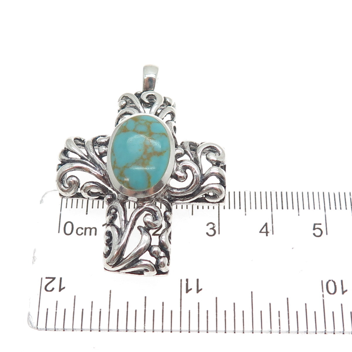 925 Sterling Silver Vintage Real Lone Mountain Turquoise Cross Charm Pendant