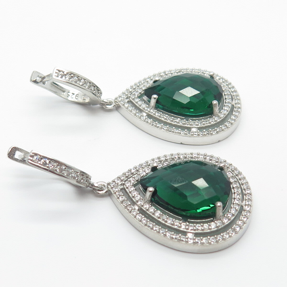 925 Sterling Silver White & Green C Z Dangling Earrings