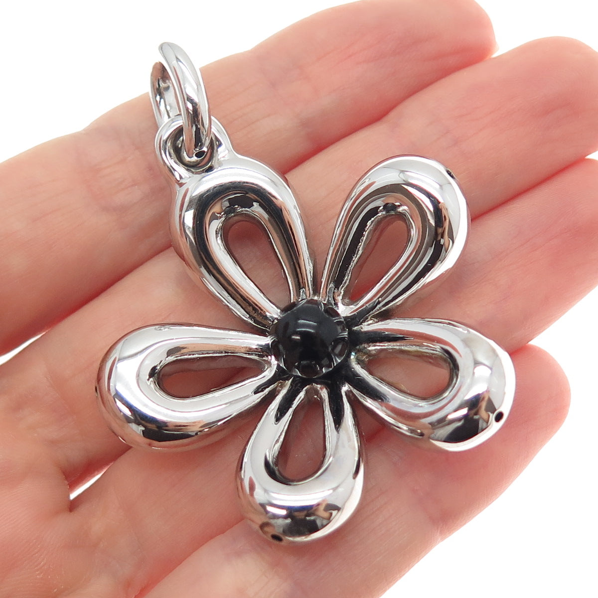925 Sterling Silver Real Black Onyx Flower Blossom Charm Pendant
