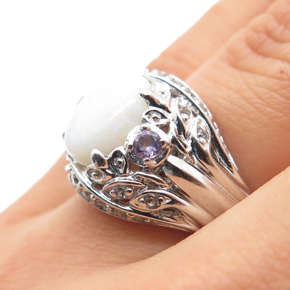 925 Sterling Silver Real Opal Amethyst & White Topaz Floral Ring Size 6.25