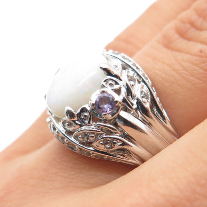 925 Sterling Silver Real Opal Amethyst & White Topaz Floral Ring Size 6.25