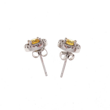 925 Sterling Silver Round-Cut Canary & White C Z Stud Earrings
