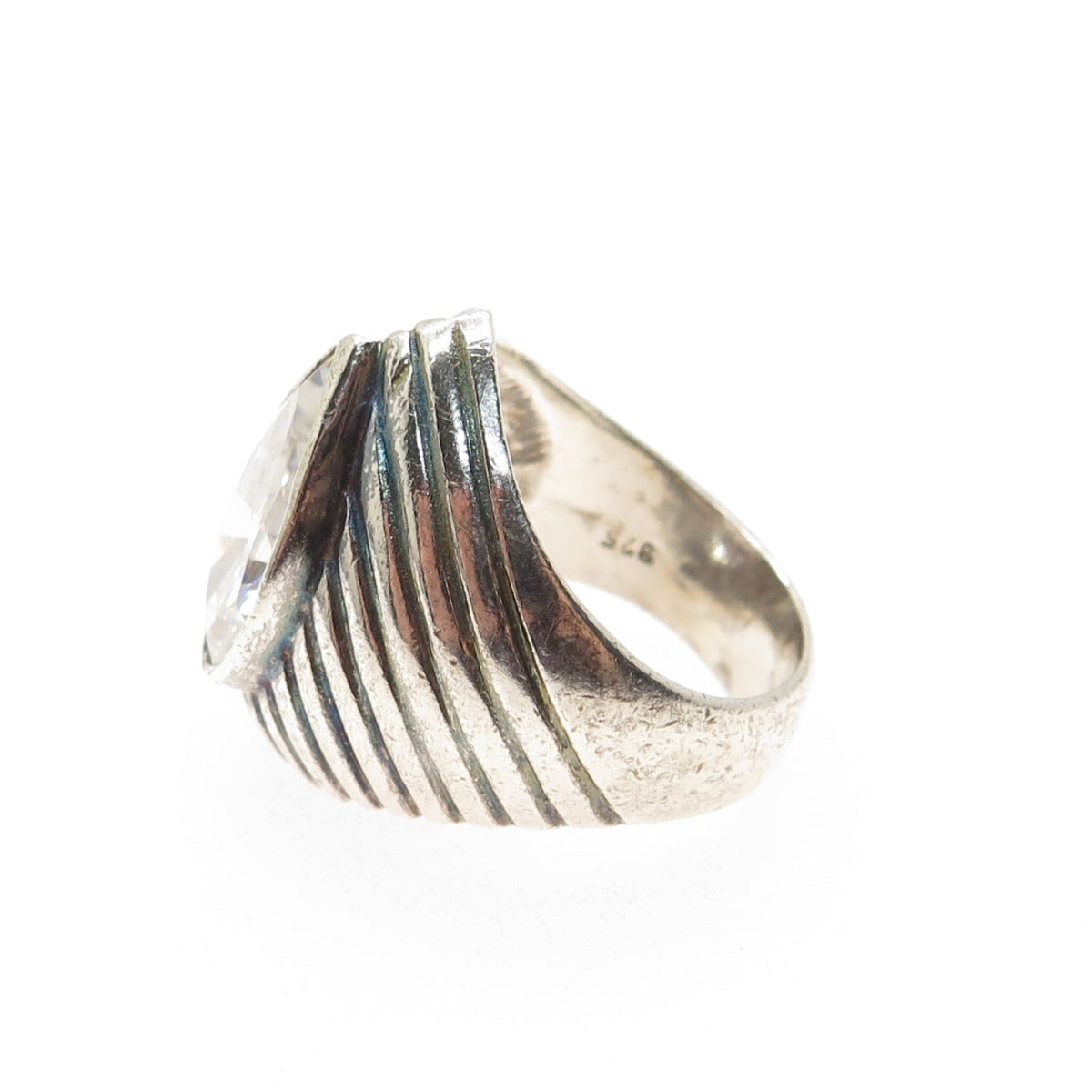 925 Sterling Silver Vintage Pear-Cut C Z Modernist Ribbed Oxidized Ring Size 7.5