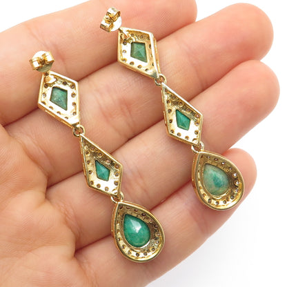 925 Sterling Silver Gold Plated Real Diamond & Emerald Teardrop Dangle Earrings