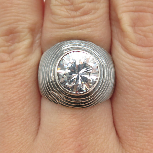 925 Sterling Silver Vintage Round-Cut C Z Ribbed Ring Size 6.25