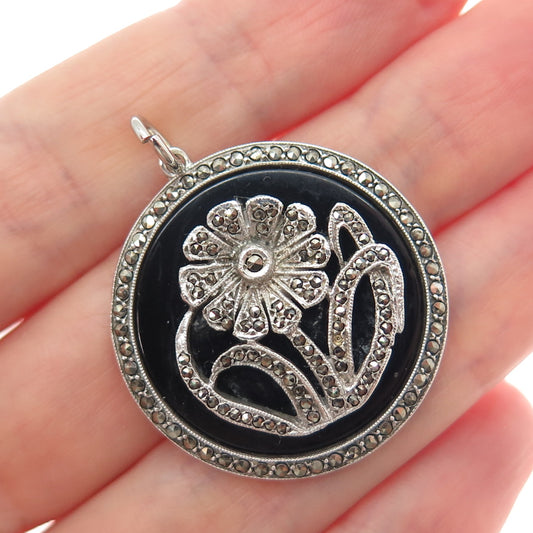 KD Kimler & Daniel Sterling Silver Vintage Real Onyx & Marcasite Flower Pendant