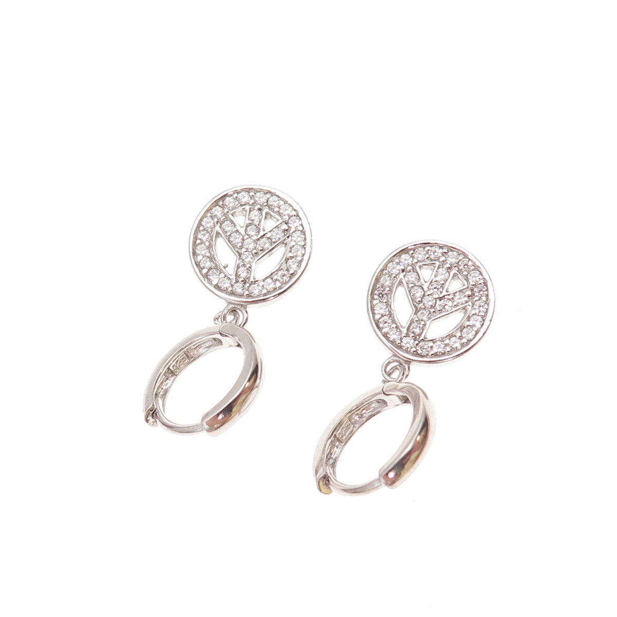 925 Sterling Silver Round-Cut C Z Peace Symbol Dangle Charm Hoop Earrings