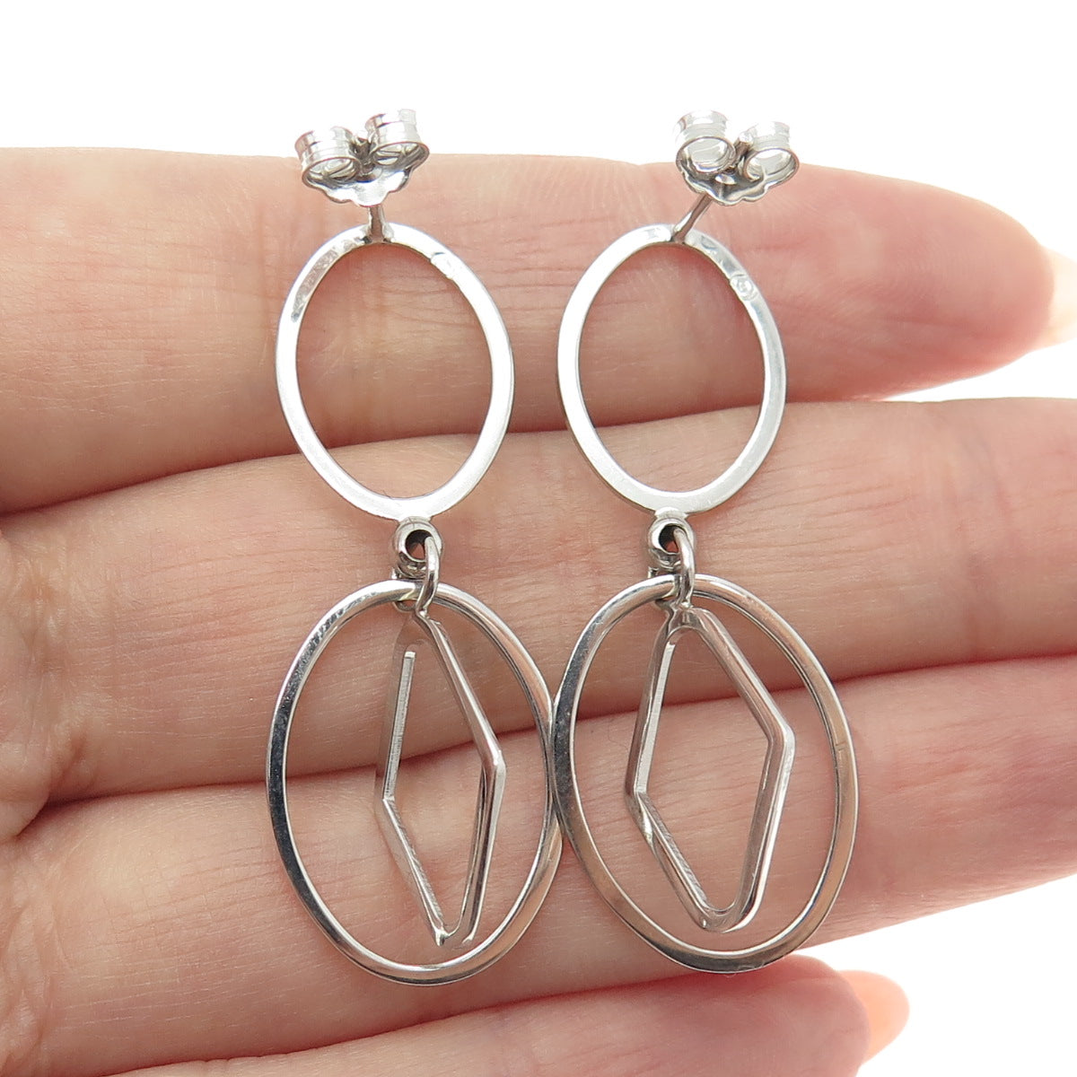 14K White Gold Italy Modernist Geometric Drop Earrings