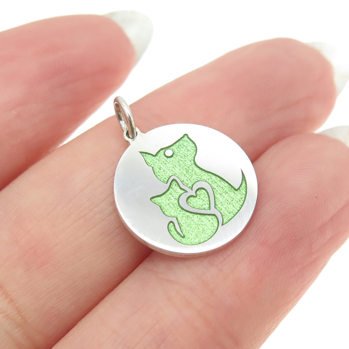 925 Sterling Silver Green Enamel Dog & Cat Friendship Minimalist Charm Pendant