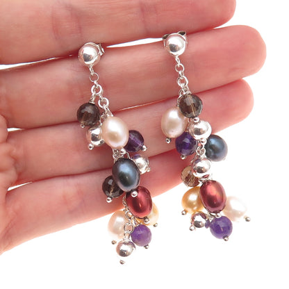 925 Sterling Silver Vintage Real Pearl Amethyst Smoky Quartz Dangle Earrings