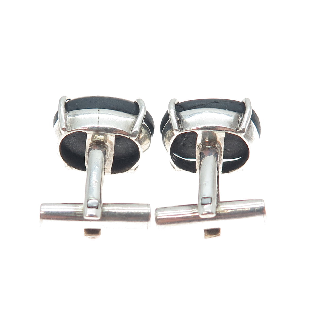 925 Sterling Silver Vintage Real Cabochon Black Obsidian Cufflinks