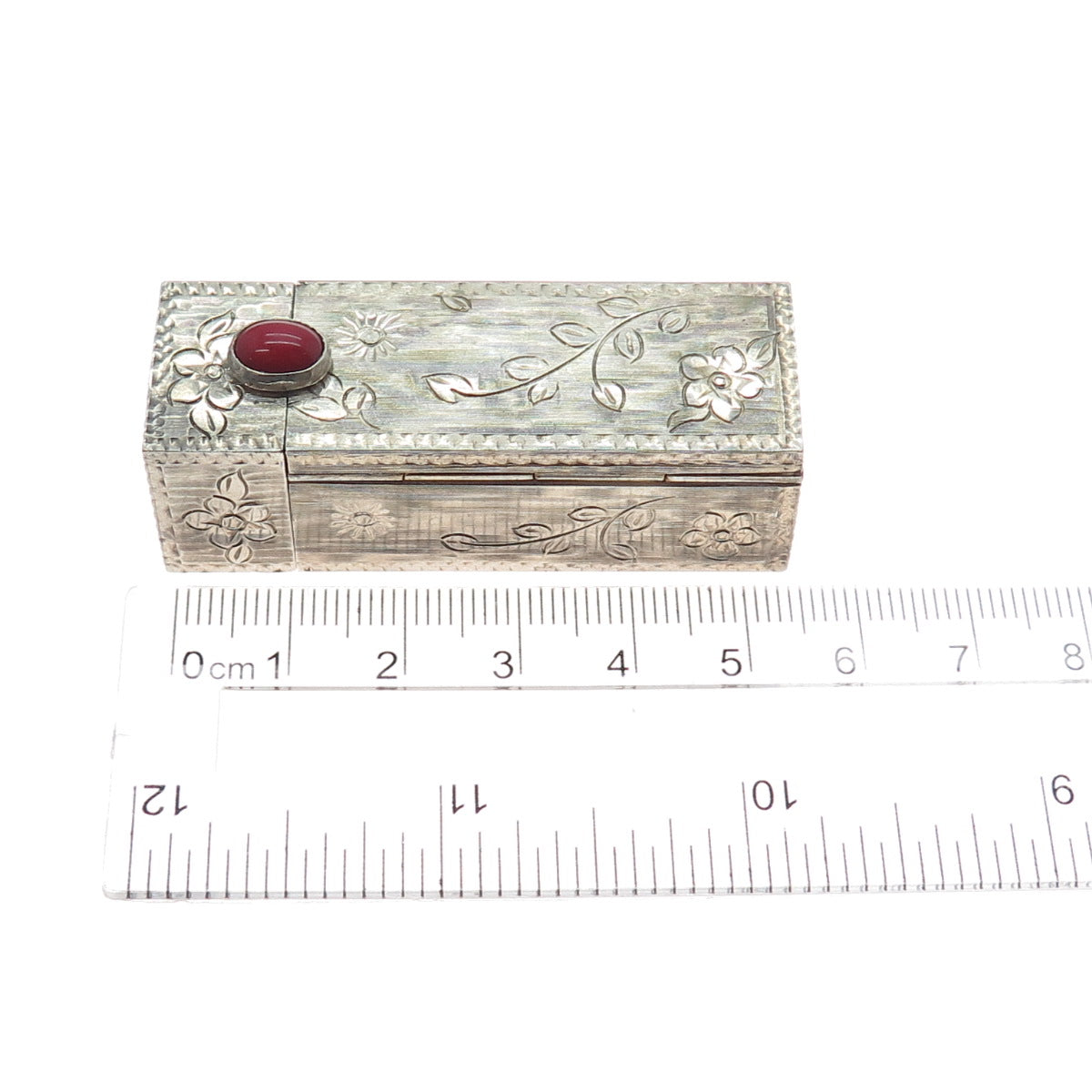 800 Silver Antique Art Deco Italy Real Coral Engraved Tube Slide Lipstick Case