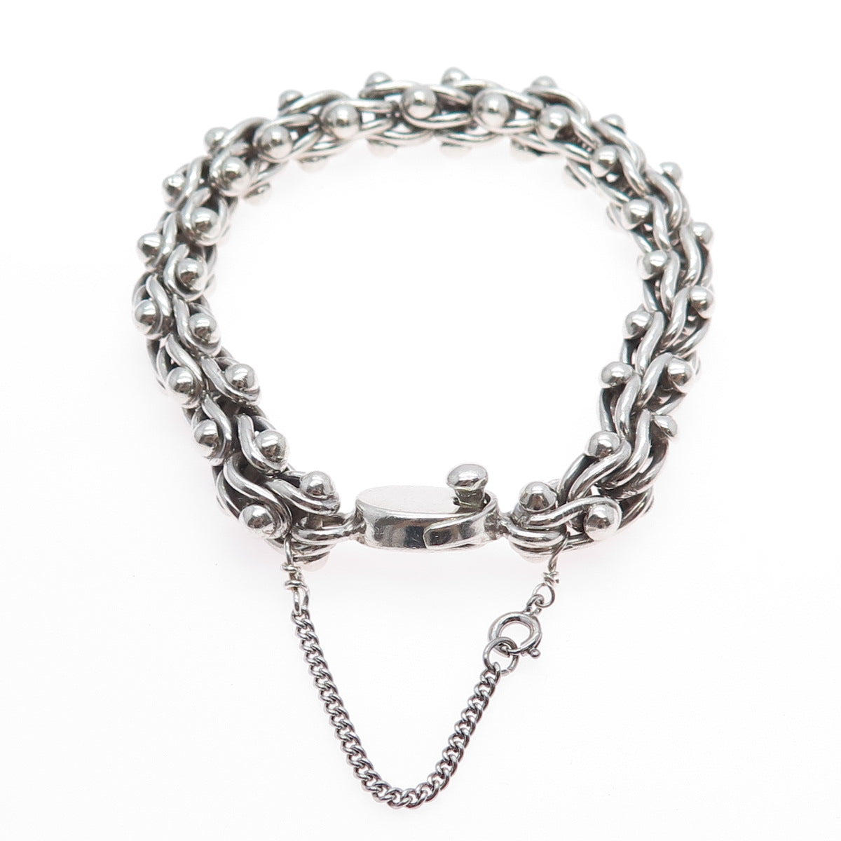 925 Sterling Vintage Mexico Byzantine Beaded Heavy 72.3g Oxidized Bracelet 7.75"