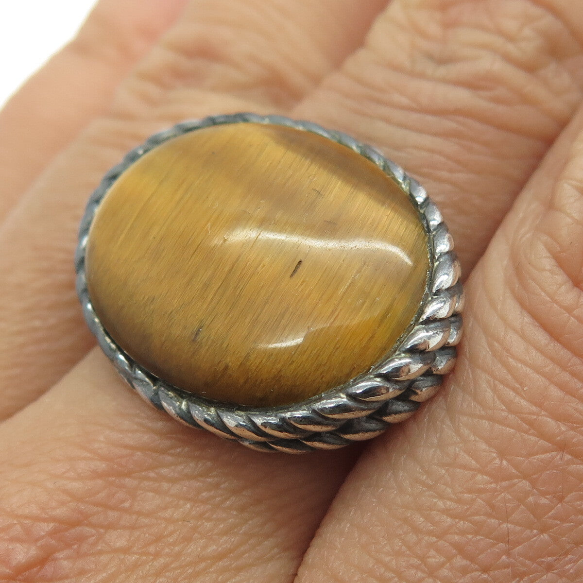 925 Sterling Silver Vintage Real Tiger Eye Modernist Roped Ring Size 7
