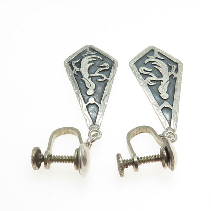 900 Silver Vintage Guatemala Tribal Bird Oxidized Dangle Screw Back Earrings