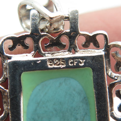 925 Sterling Silver Vintage Real Turquoise Ornate Square Pendant