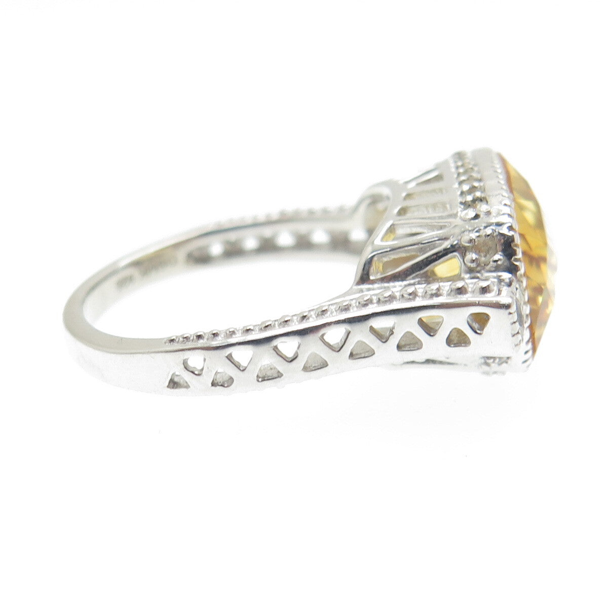 DSMK 925 Sterling Silver Checkered Citrine & White Topaz Gem Dome Ring Size 7.25