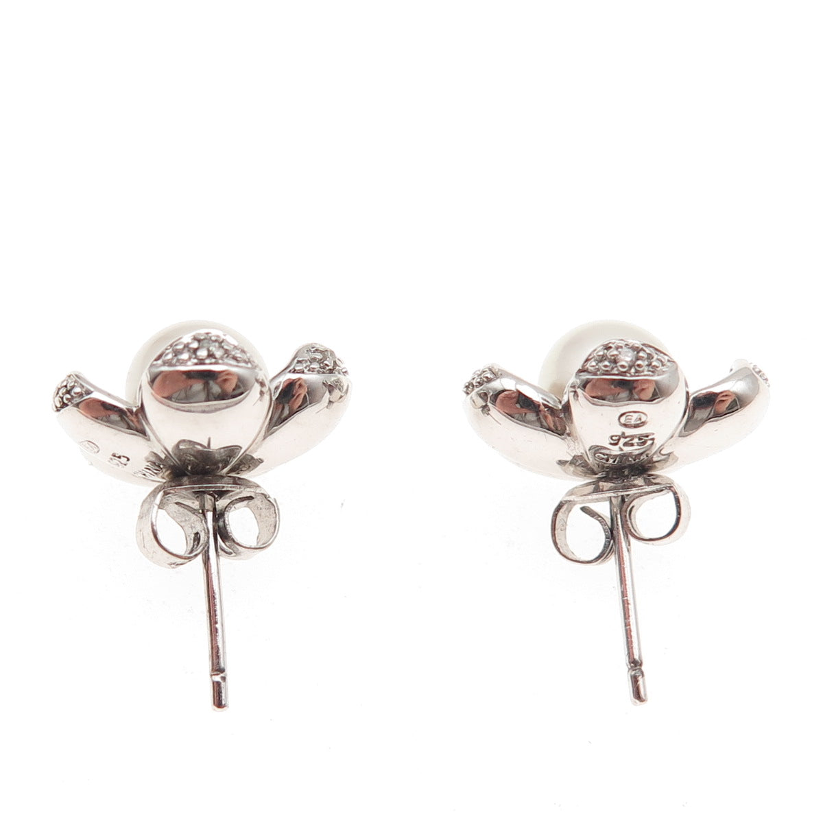 925 Sterling Silver Real Diamond & Pearl Floral Stud Earrings