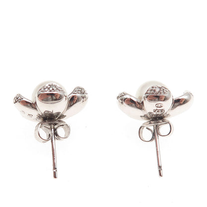 925 Sterling Silver Real Diamond & Pearl Floral Stud Earrings