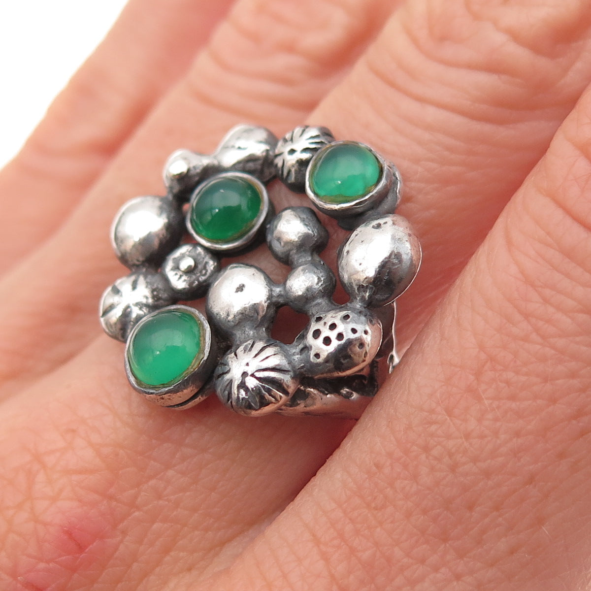 925 Sterling Vintage Israel Real Green Onyx Modernist Adjustable Ring Size 7.75