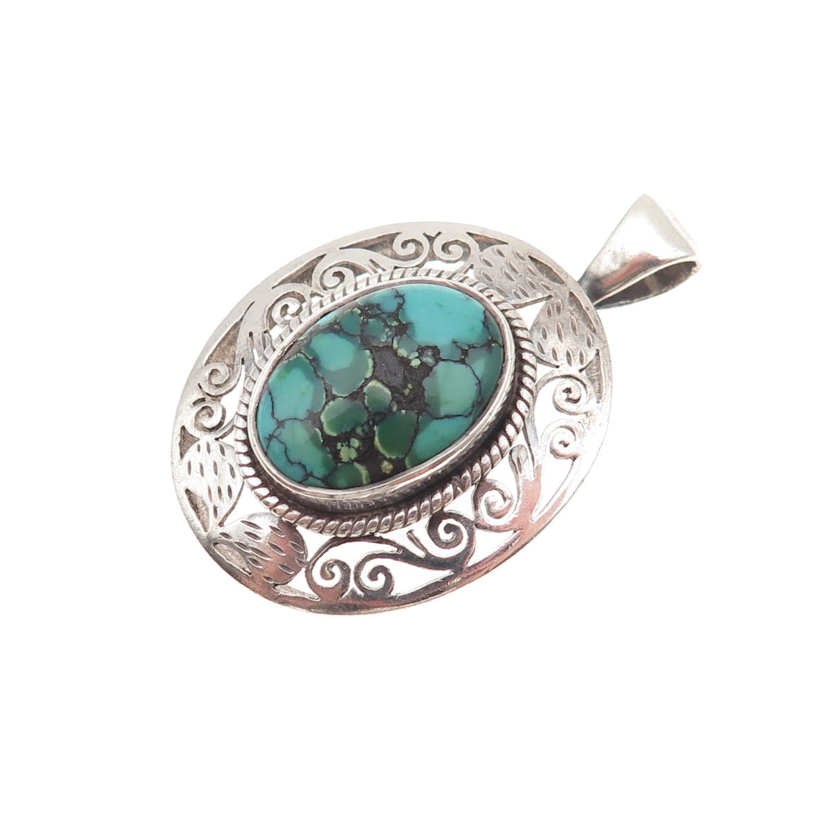 925 Sterling Silver Vintage Real Peacock Turquoise Oxidized Charm Pendant