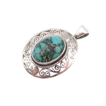925 Sterling Silver Vintage Real Peacock Turquoise Oxidized Charm Pendant