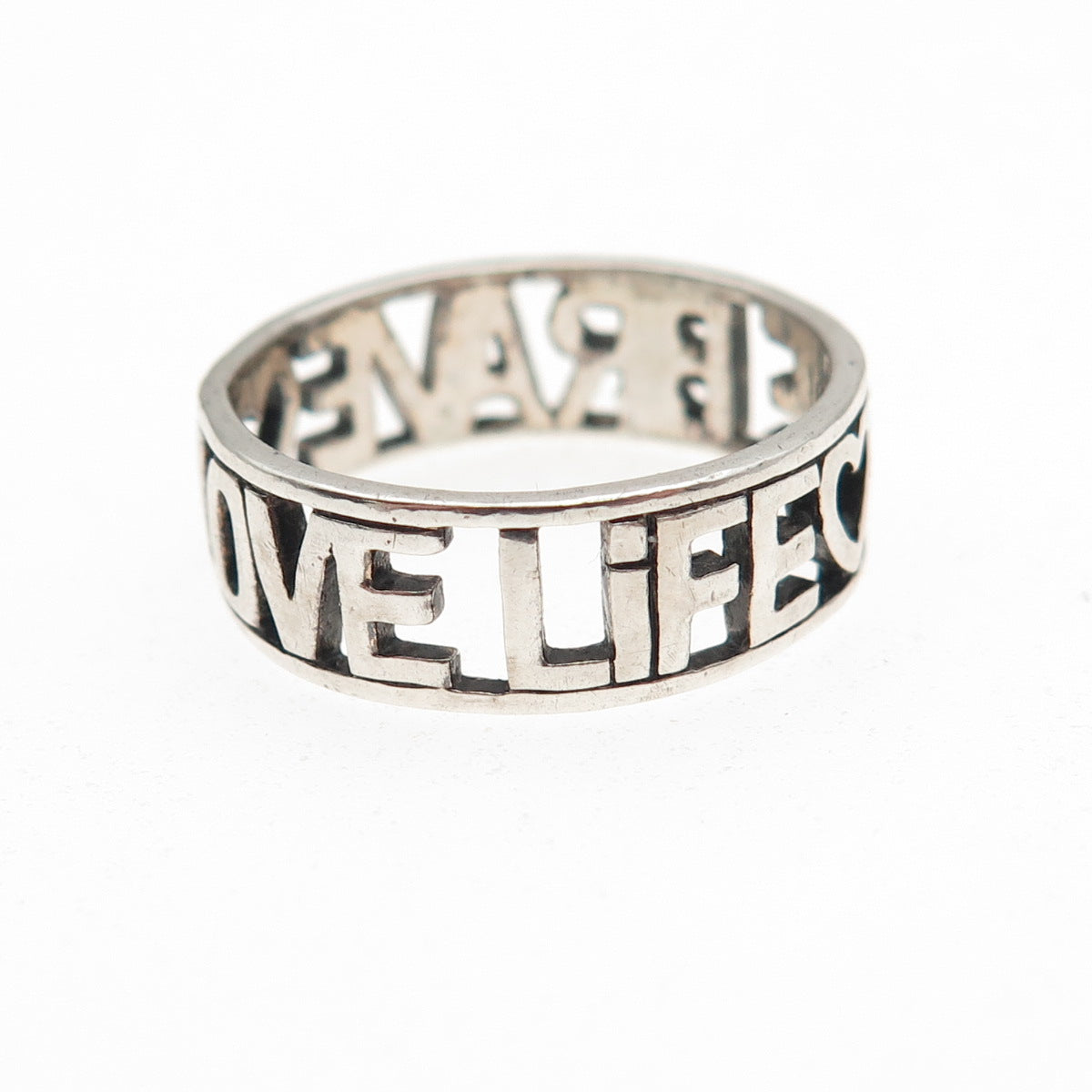 925 Sterling Silver Vintage Love Life Be Brave Oxidized Band Ring Size 8.25