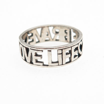 925 Sterling Silver Vintage Love Life Be Brave Oxidized Band Ring Size 8.25