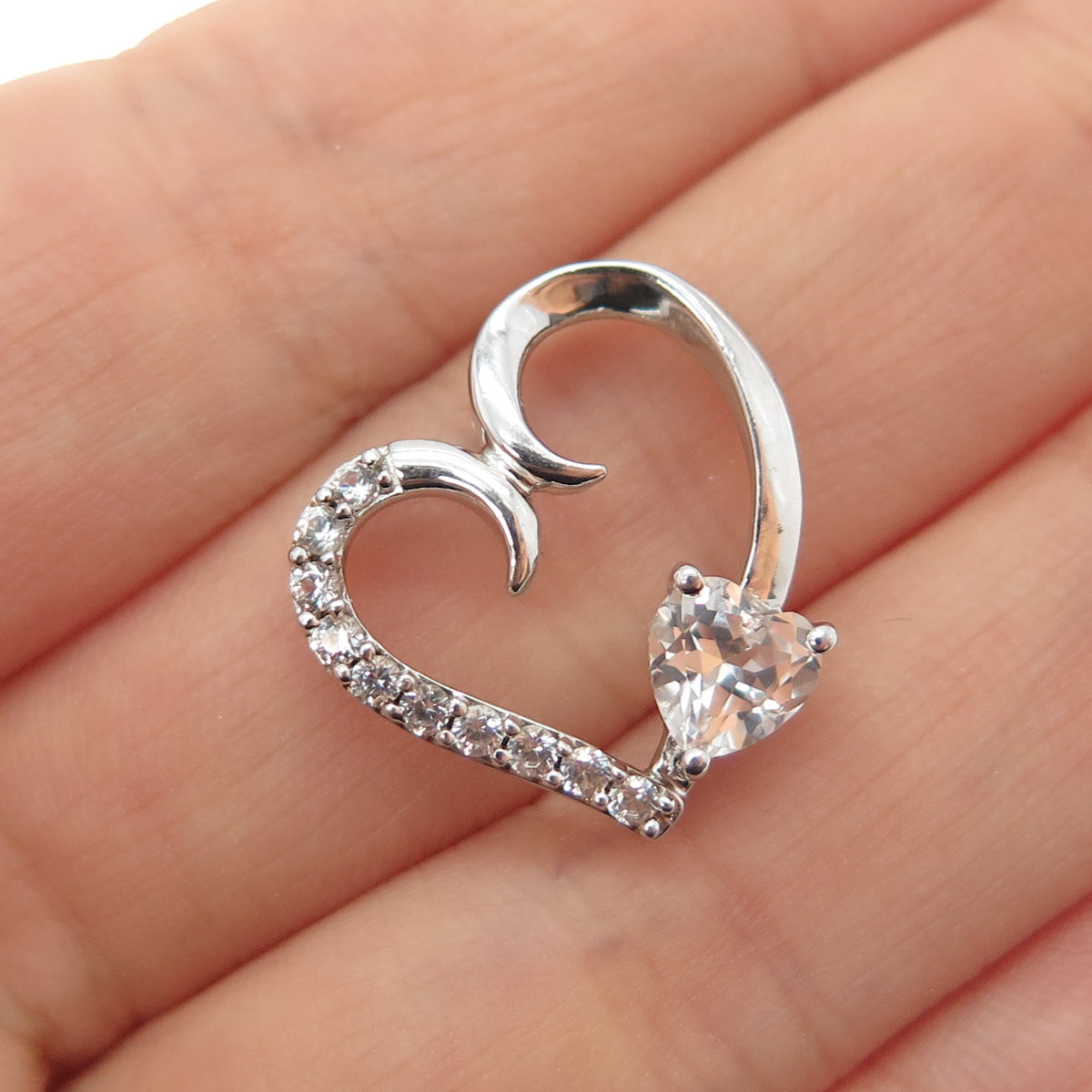 925 Sterling Silver Real White Topaz Heart Mini Slide Charm Pendant