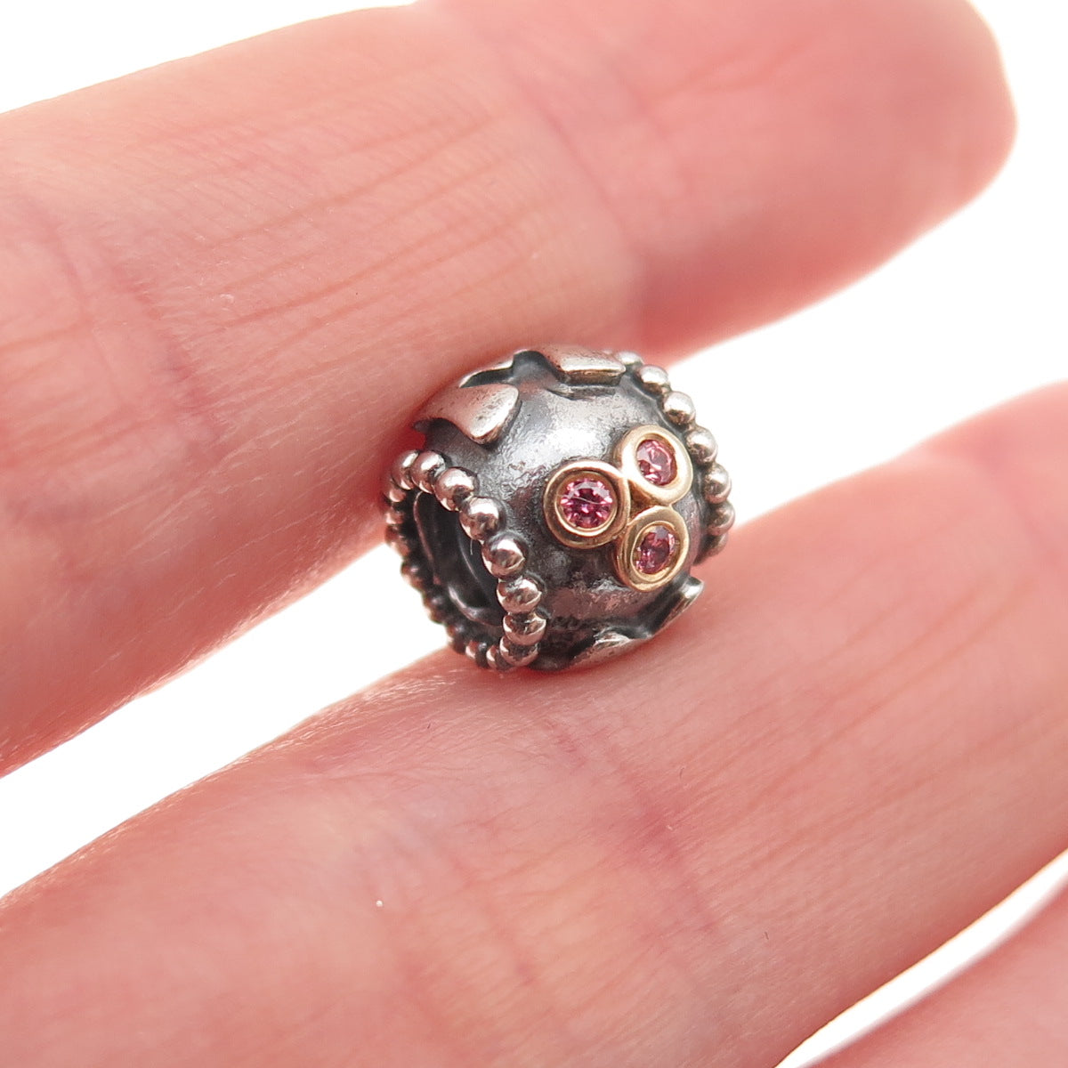 Pandora 925 Sterling Silver & Gold Swarovski Pink Crystal Mom Slide Bead Charm