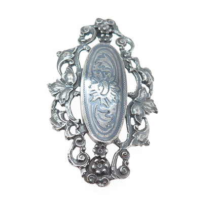 900 Silver Antique Art Deco Flower Oxidized Pin Brooch