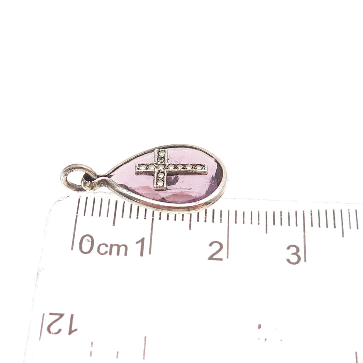 925 Sterling Silver Antique Art Deco Real Amethyst Marcasite Cross Mini Pendant