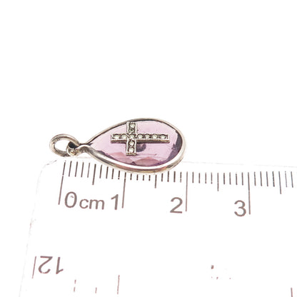 925 Sterling Silver Antique Art Deco Real Amethyst Marcasite Cross Mini Pendant
