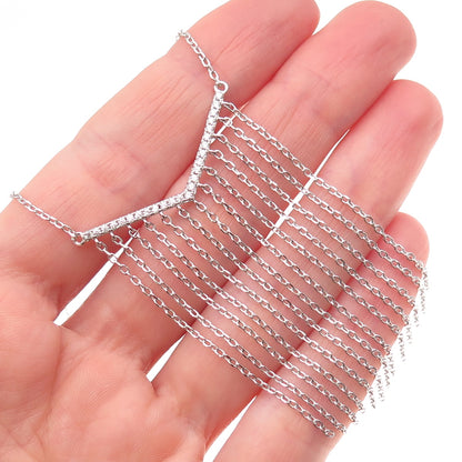 925 Sterling Silver Round-Cut C Z V-Shape Tassel Cable Chain Necklace 24"