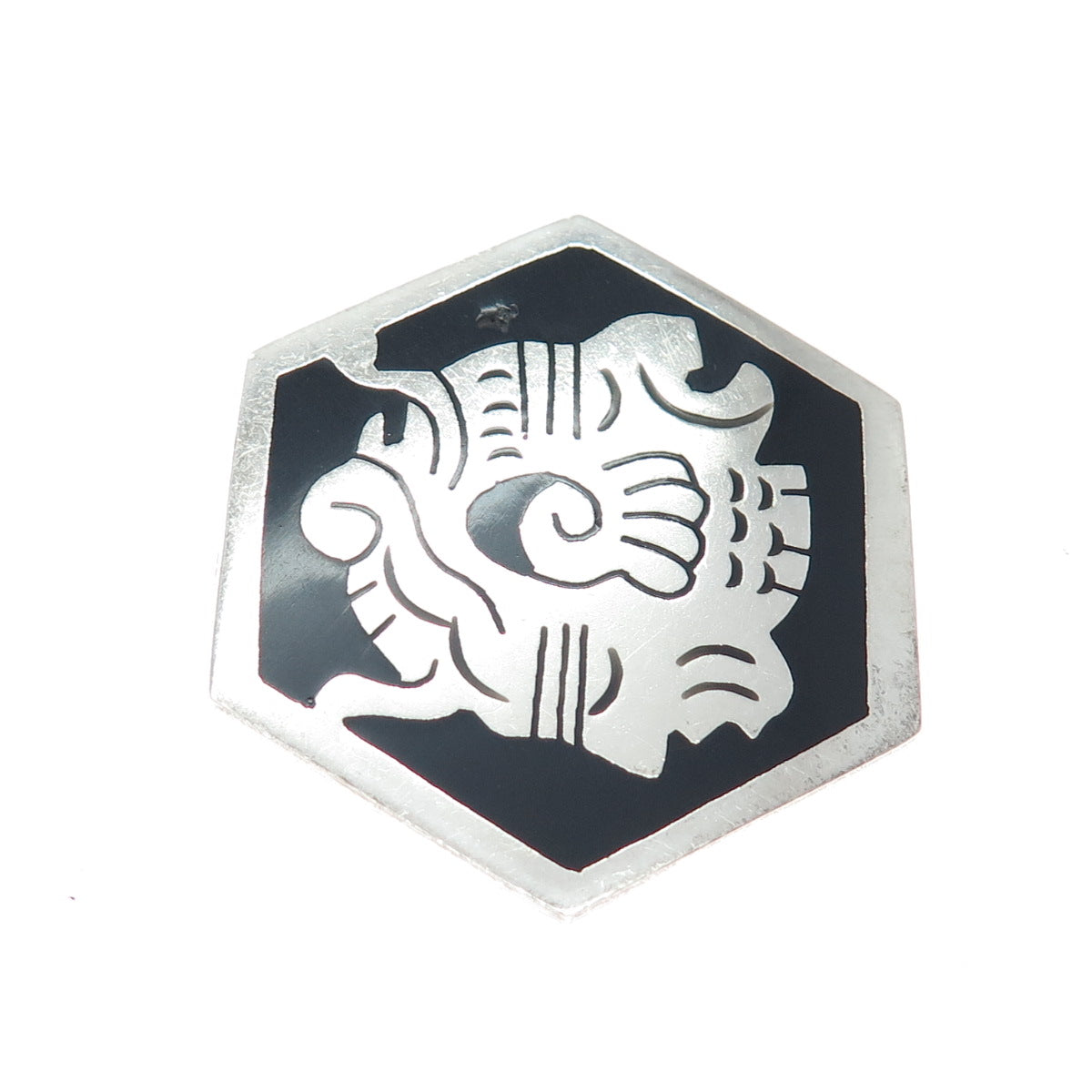 925 Sterling Silver Vintage Mexico Real Black Onyx Tribal God Pin Brooch Pendant