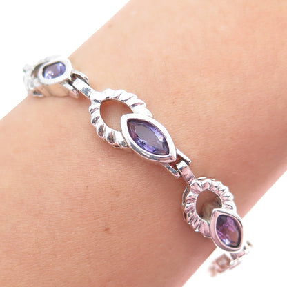 925 Sterling Silver Vintage Real Marquise-Cut Amethyst Modernist Bracelet 7"
