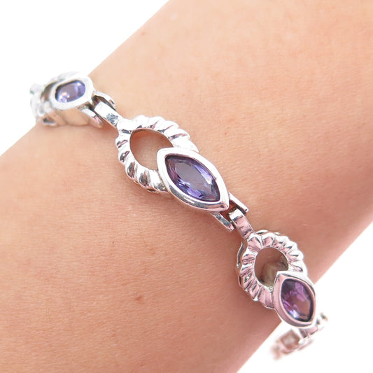 925 Sterling Silver Vintage Real Marquise-Cut Amethyst Modernist Bracelet 7"