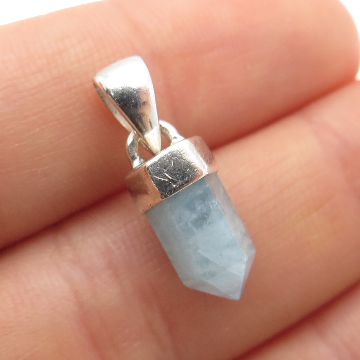 925 Sterling Silver Vintage Real Milky Aquamarine Amulet Mini Charm Pendant
