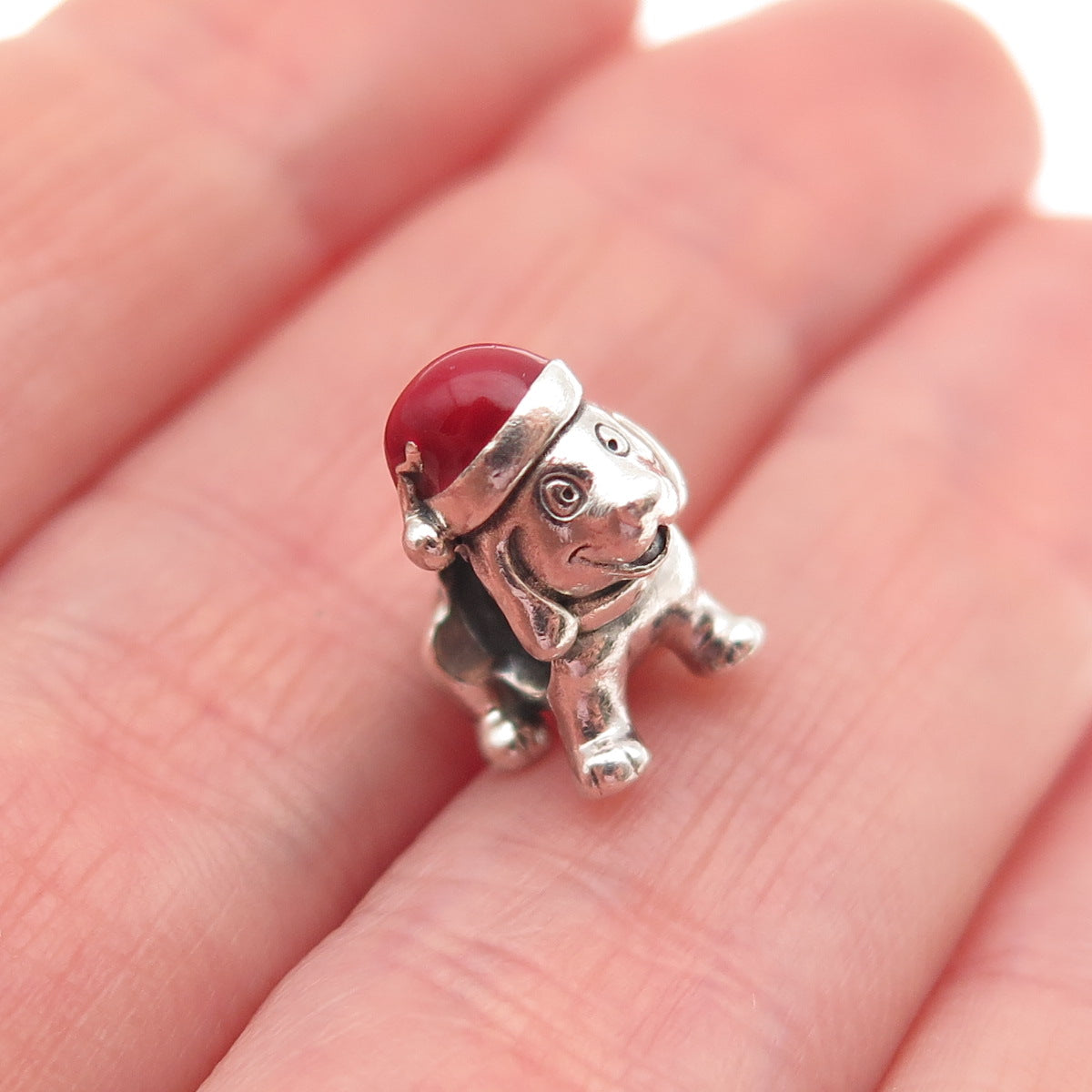 PANDORA 925 Sterling Silver Enamel Christmas Puppy Dog Slide Bead Charm