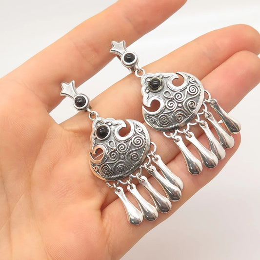 925 Sterling Silver Vintage Real Black Onyx Gem Ethnic Dangling Earrings