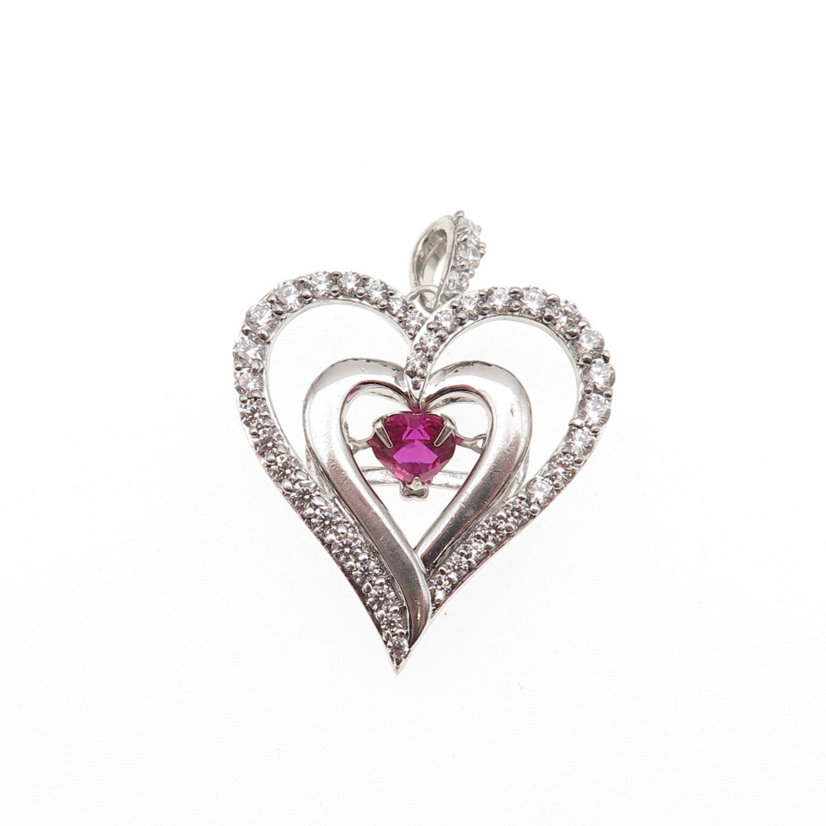 Sun 925 Sterling Silver Lab-Created Ruby & C Z Heart Charm Pendant