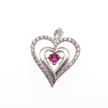 Sun 925 Sterling Silver Lab-Created Ruby & C Z Heart Charm Pendant