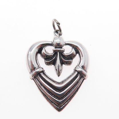 925 Sterling Silver Vintage Fleur de Lis Heart Oxidized Charm Pendant